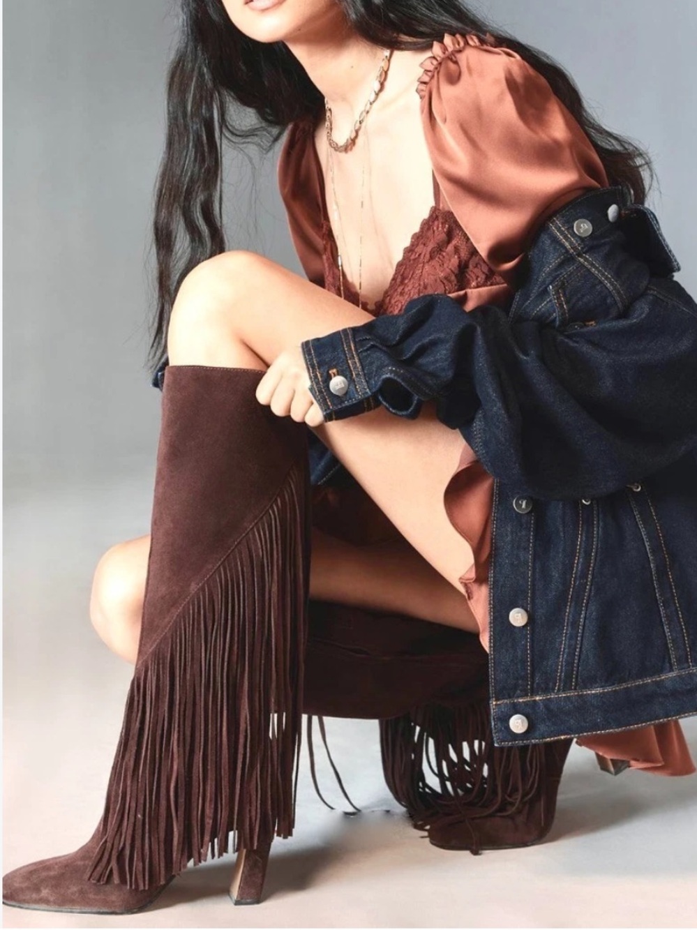 Anthropologie Dolce Vita Giano Suede Fringe Boots Knee High Block Heel Western - Picture 2 of 11